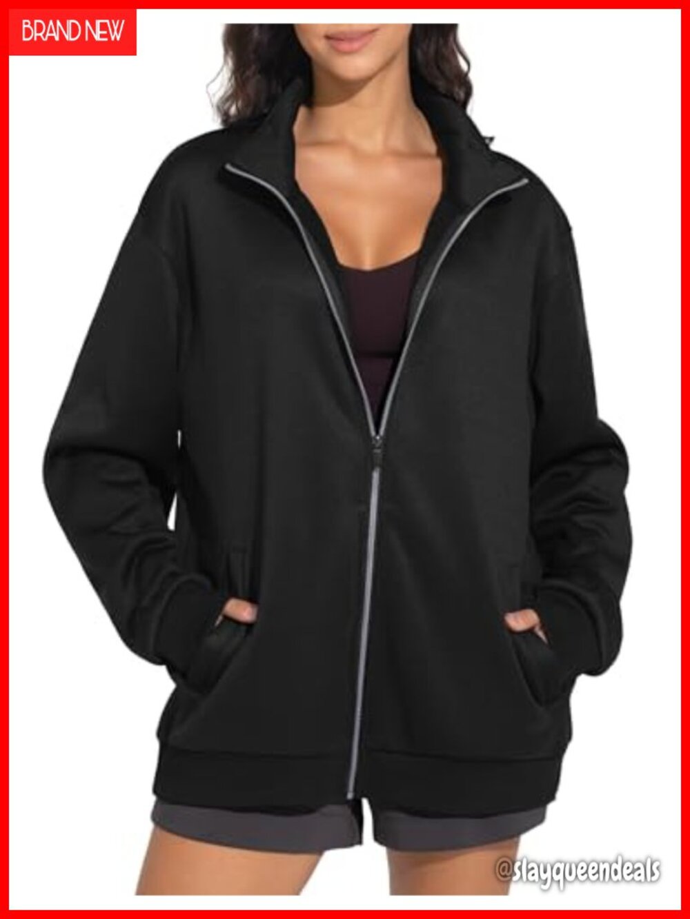 Oversized Fleece Zip Up Sweatshirt Mock Neck Jacket Polyester